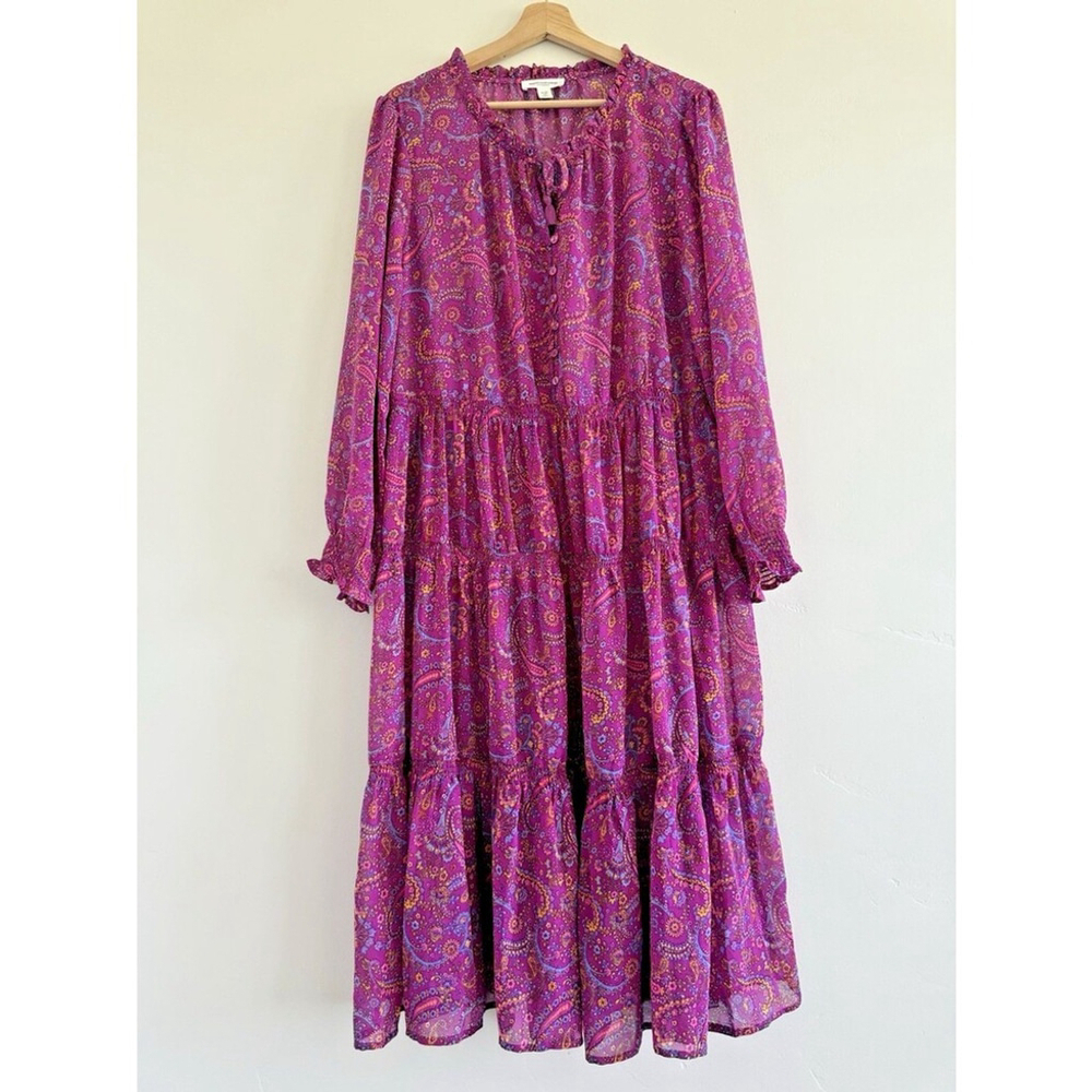 Beach Lunch Lounge Floral Cottagecore Tiered Midi Dress XL long‎ sleeve Coastal